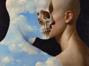 un vivant et un mort à la Magritte IA