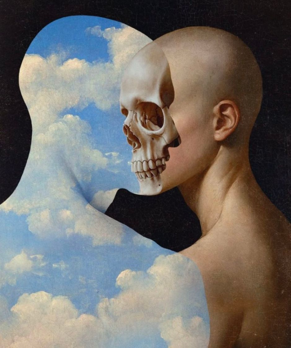 un vivant et un mort à la Magritte IA