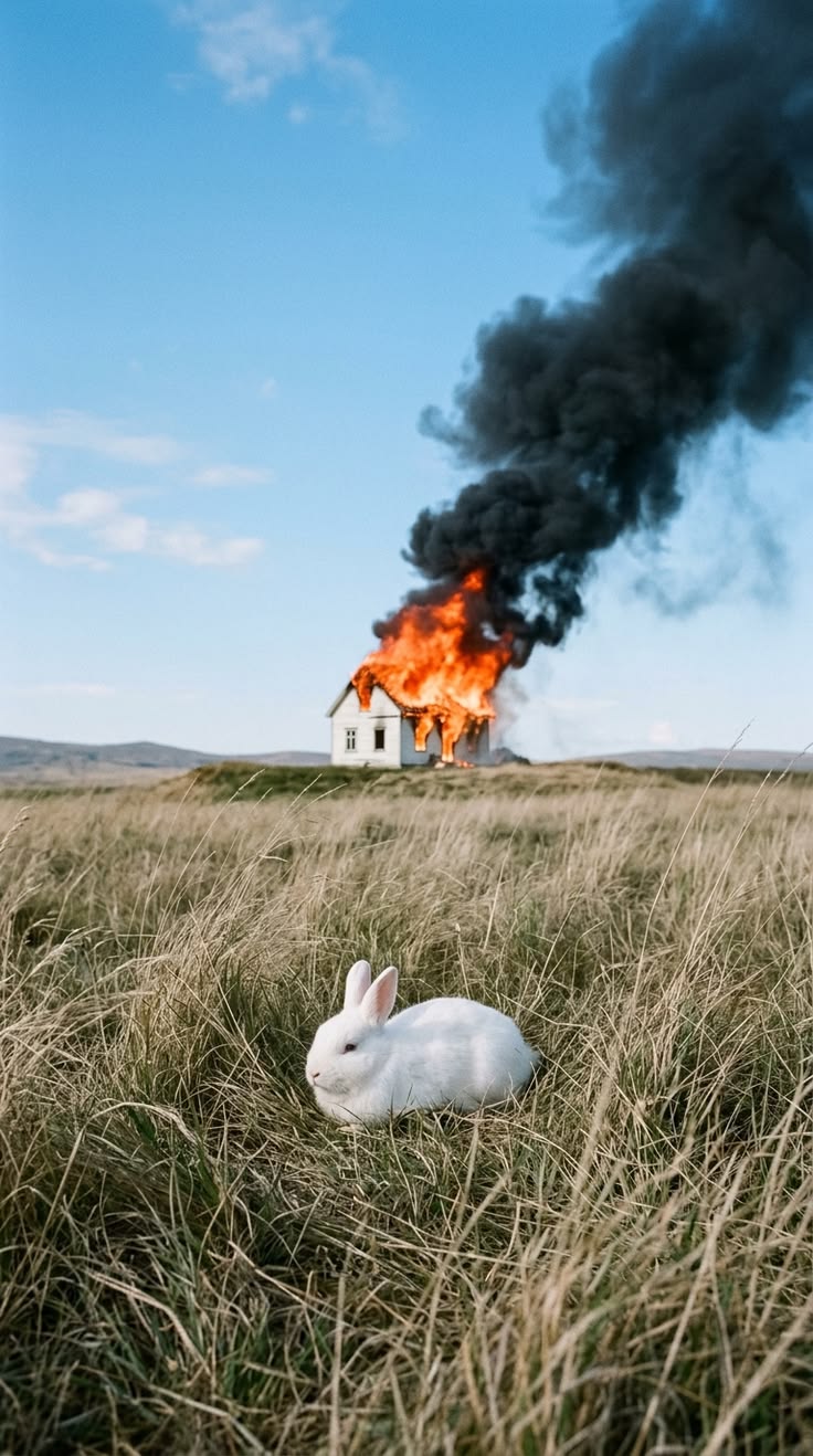 lapin blanc maison en flammes
