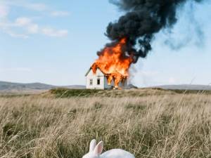 lapin blanc maison en flammes